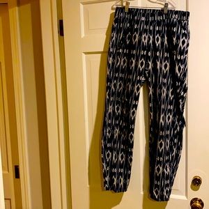 Blue and white ikat pattern pants.